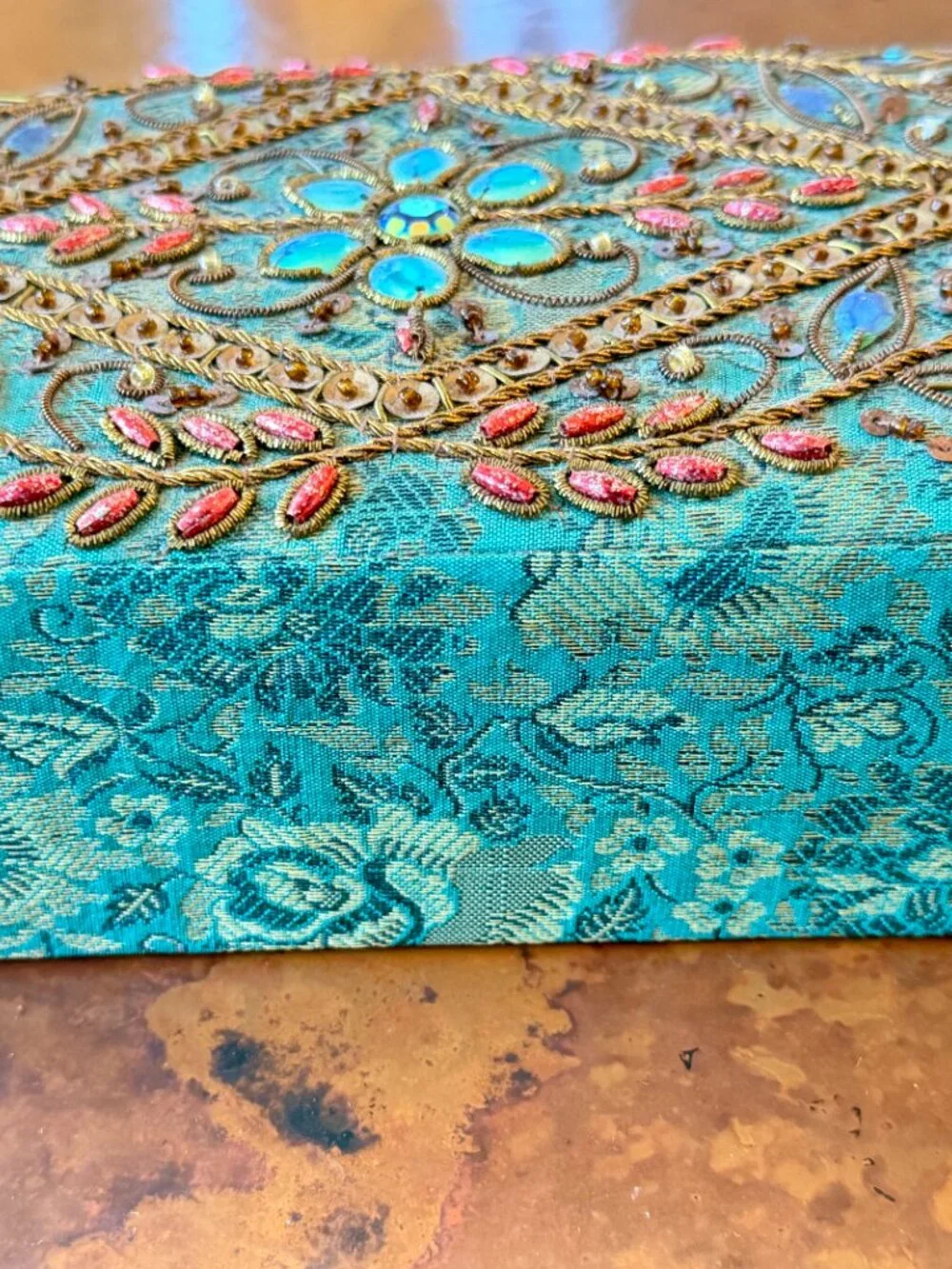Turquoise Beaded Embroidered Jewelry Box Mirror Trinket Case 7.5 x 5 x 2.5